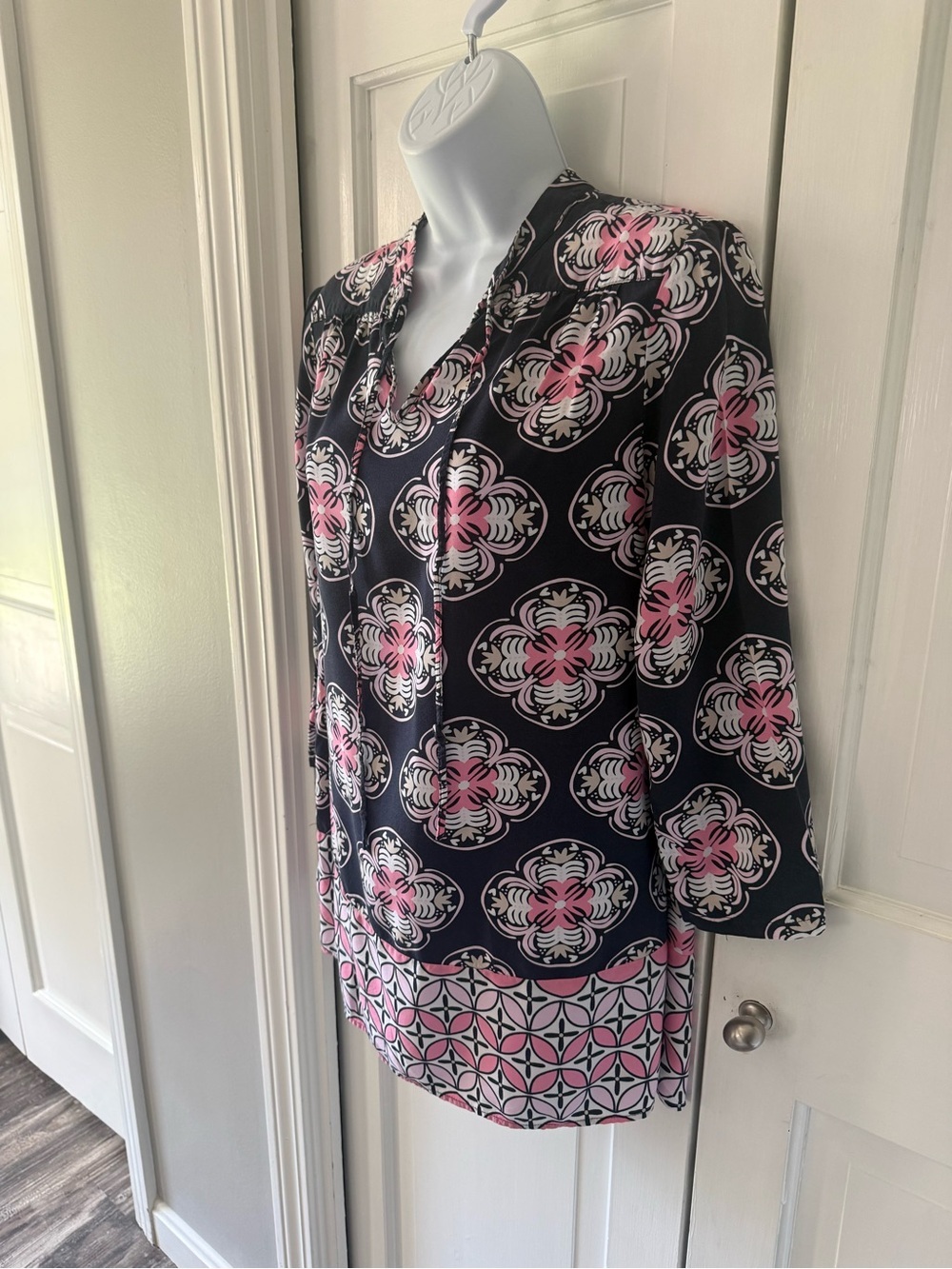 Crown & Ivy Navy Tunic with Pink and White Medallion Print - Picture 2 of 5